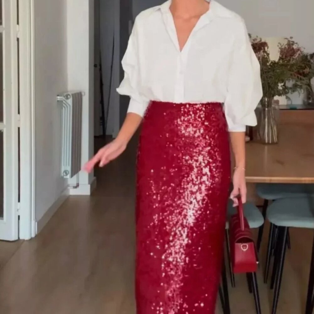 NWT Zara Burgundy Red Sequin Midi Skirt - size XS - Picture 11 of 11